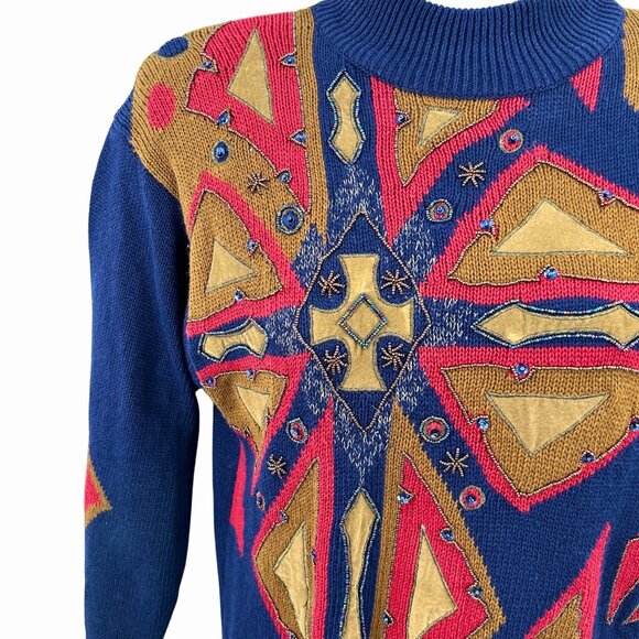 VINTAGE 1992 I.B. DIFFUSION COLORFUL KNIT BEAD SEQUINS MOCK NECK SWEATER - S - Picture 2 of 4